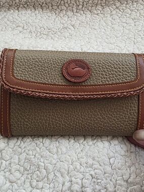 Dooney & Bourke Olive Pebbled Leather Wallet with Brown Trim